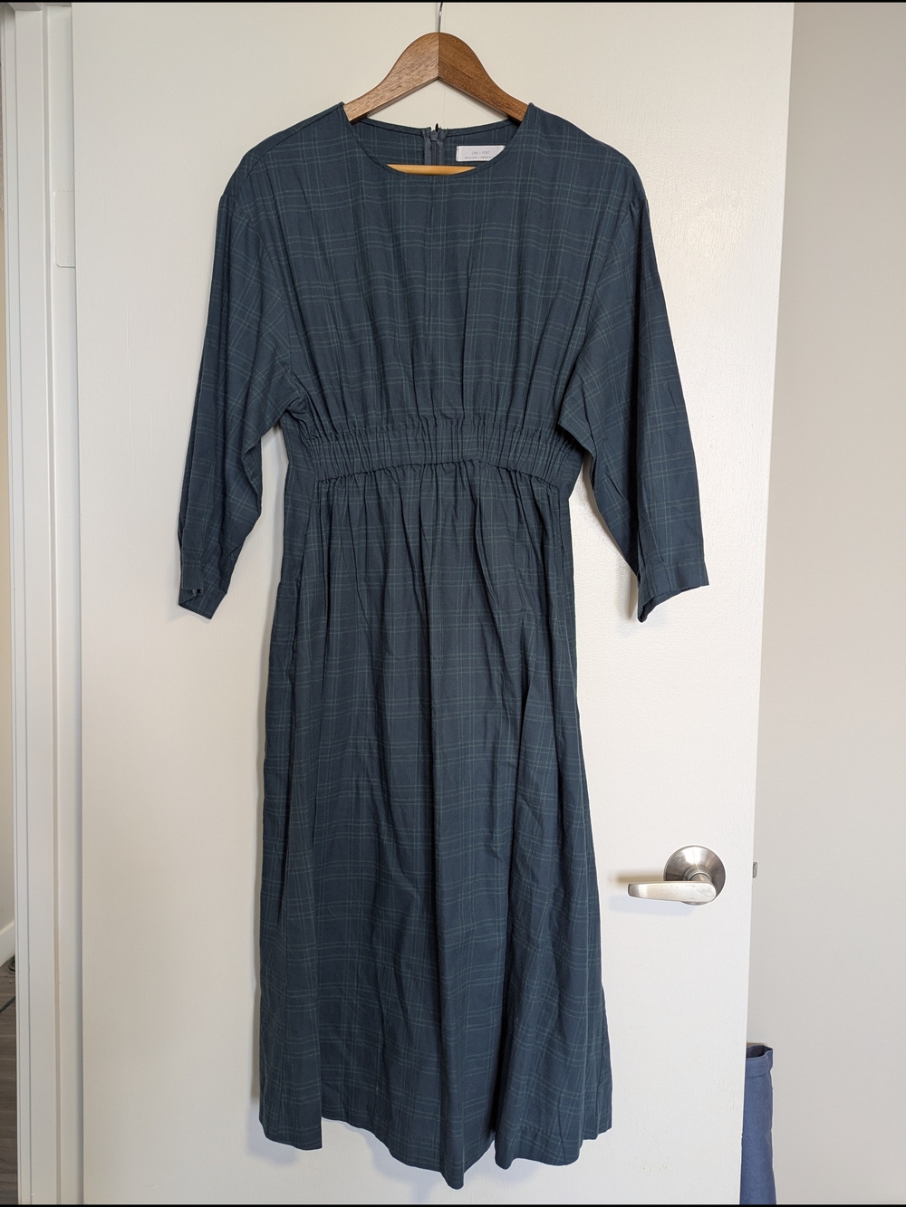 NWT Oak + Fort Slate Blue Plaid Cinch Waist Midi Dress - Size Small